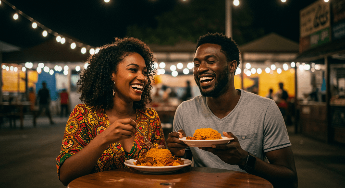 Happy couple enjoying food at an outdoor night market
